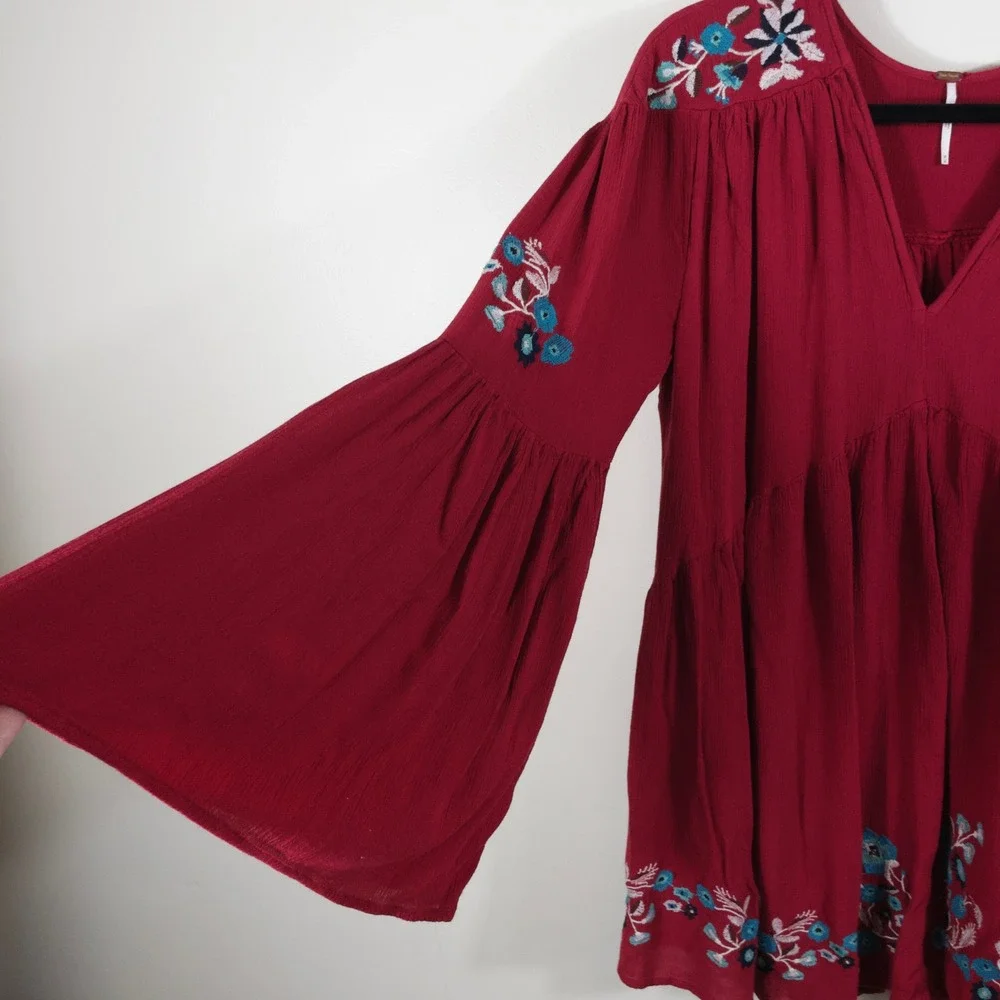 Free People Te Amo Red Embroidered Bell Sleeve Dress Women Size M Boho Hippie
